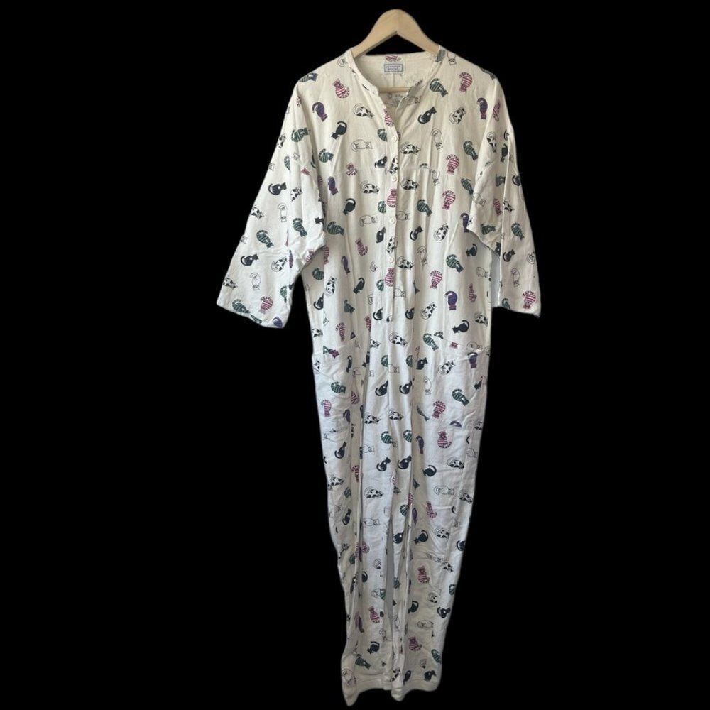 Jennifer Moore Off‎ White Cotton Flannel Cat Print Onesie Sz M